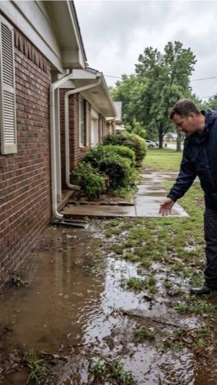 Water collecting near a brick home during a drainage assessment