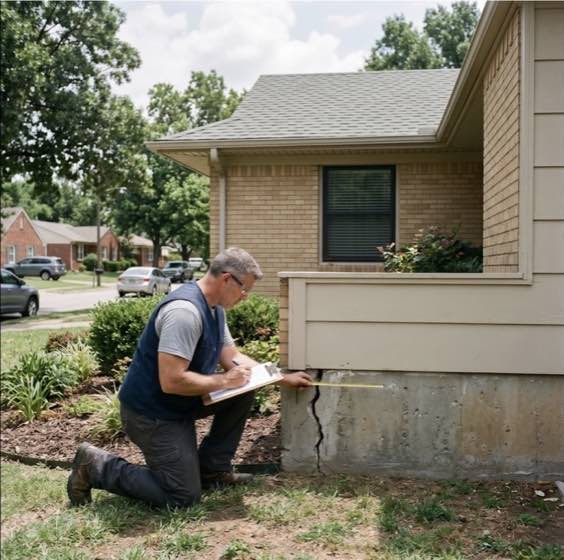 A visible crack in an exterior foundation wall being measured