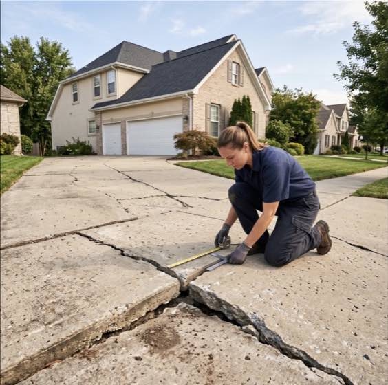 Large cracks and shifting concrete in a residential driveway