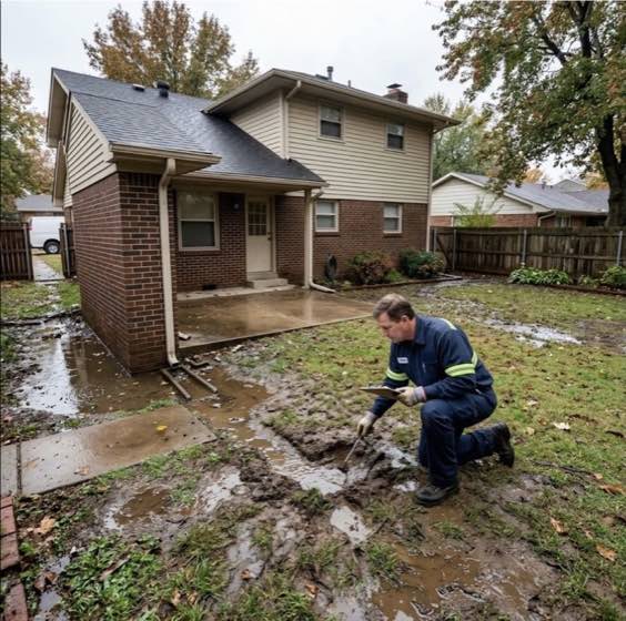 Standing water and muddy soil gathered next to a home after rain